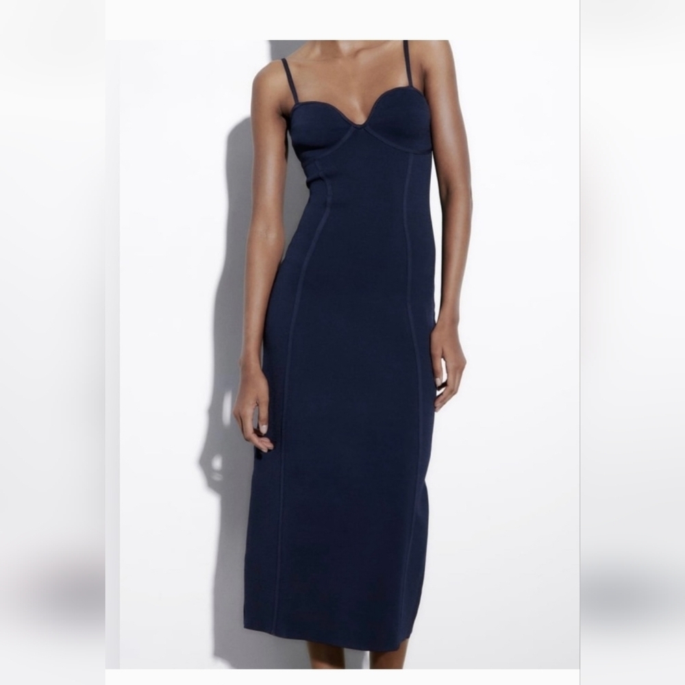 NWT Zara Navy Blue Bustier Midi Dress Corset Style Bodycon M - Picture 4 of 12